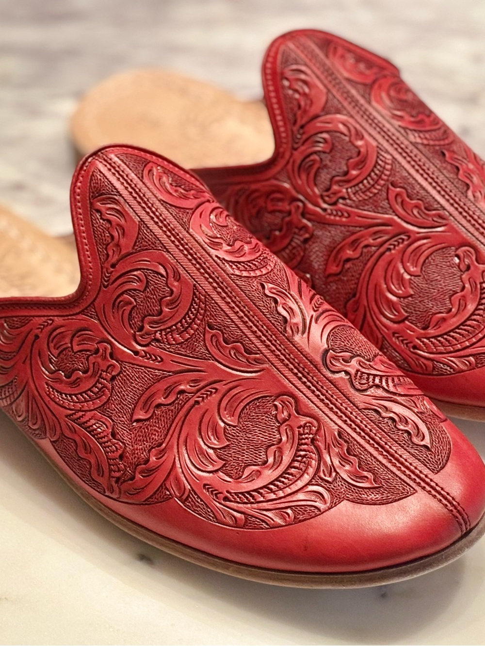 Sabah Red Tooled Leather Mules with Floral Scrollwork